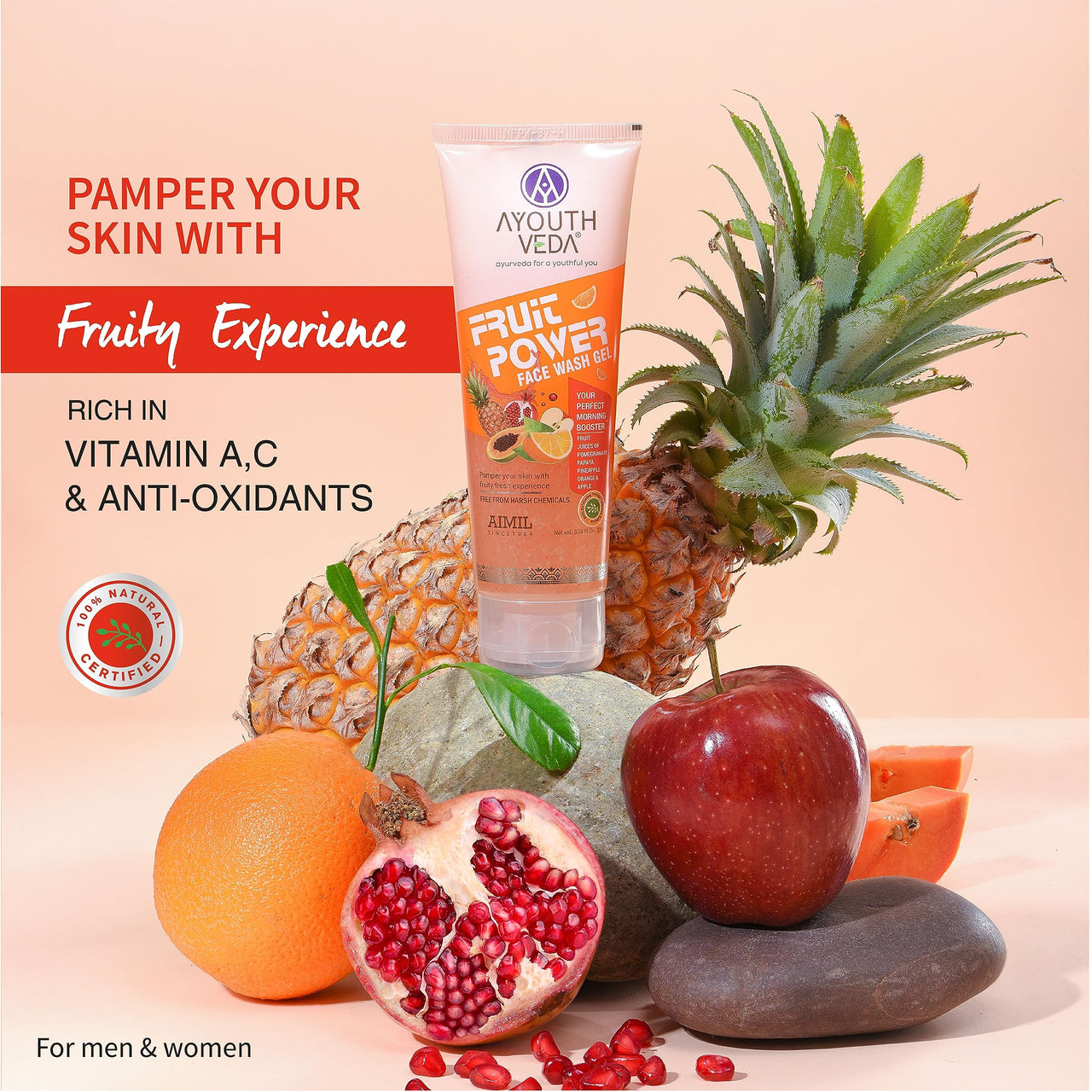 AYOUTHVEDA Fruit Power 100 Ml Face Wash Gel For Glowing Skin| Face Wash, Vitamin A, C & Anti-Oxidants | All Skin Types | Facial Cleanser For Daily Use (Pack 2; 100Ml Each)