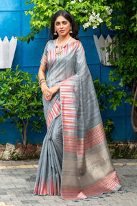 NK Textiles Women's  Ikat Woven Tussar Silk Saree with Tassels