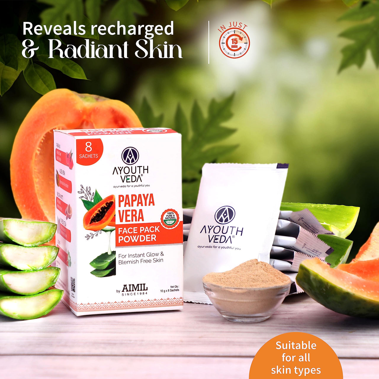 Ayouthveda Papaya and Aloe Vera Face Pack Powder for Glowing & Rejuvenating Skin | Removes Blemish & Wrinkle & Promotes Skin Health | Suitable for all skin Type (10g X 8 Sachets) (Pack of 1)