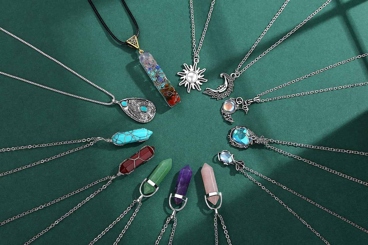 MAIBAOTA 10 Pcs Crystal Necklace Healing Amethyst Crystals Carnelian Chakra Necklaces Evil Eye Necklace Vintage Hippie Wiccan Boho Rose Quartz Moon Sun Jewelry Heart Gemstone Pendant for Women C-12 Pcs