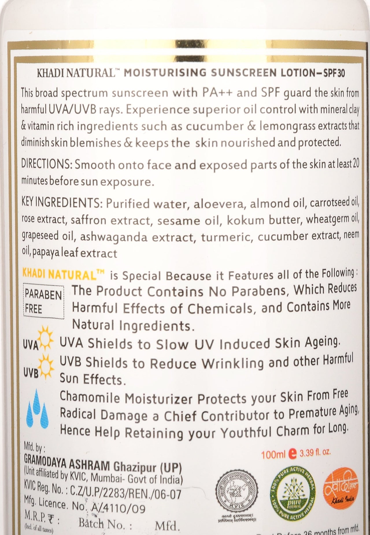 Khadi Natural Sunscreen SPF 30 PA++ with Kokum Butter & Herbal Extracts|Non-sticky Sunscreen Lotion| Reduces fine lines|Keeps skin hydrated| Suitable for all skin types| Paraben Free | 100ml