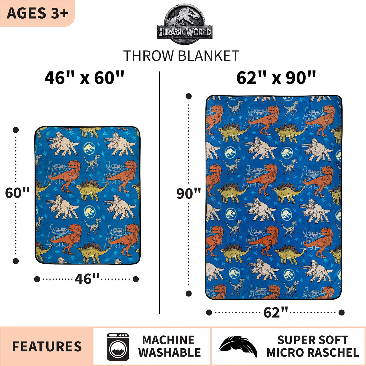 Franco Kids Bedding Super Soft Plush Throw Blanket, 46 in x 60 in, Jurassic World