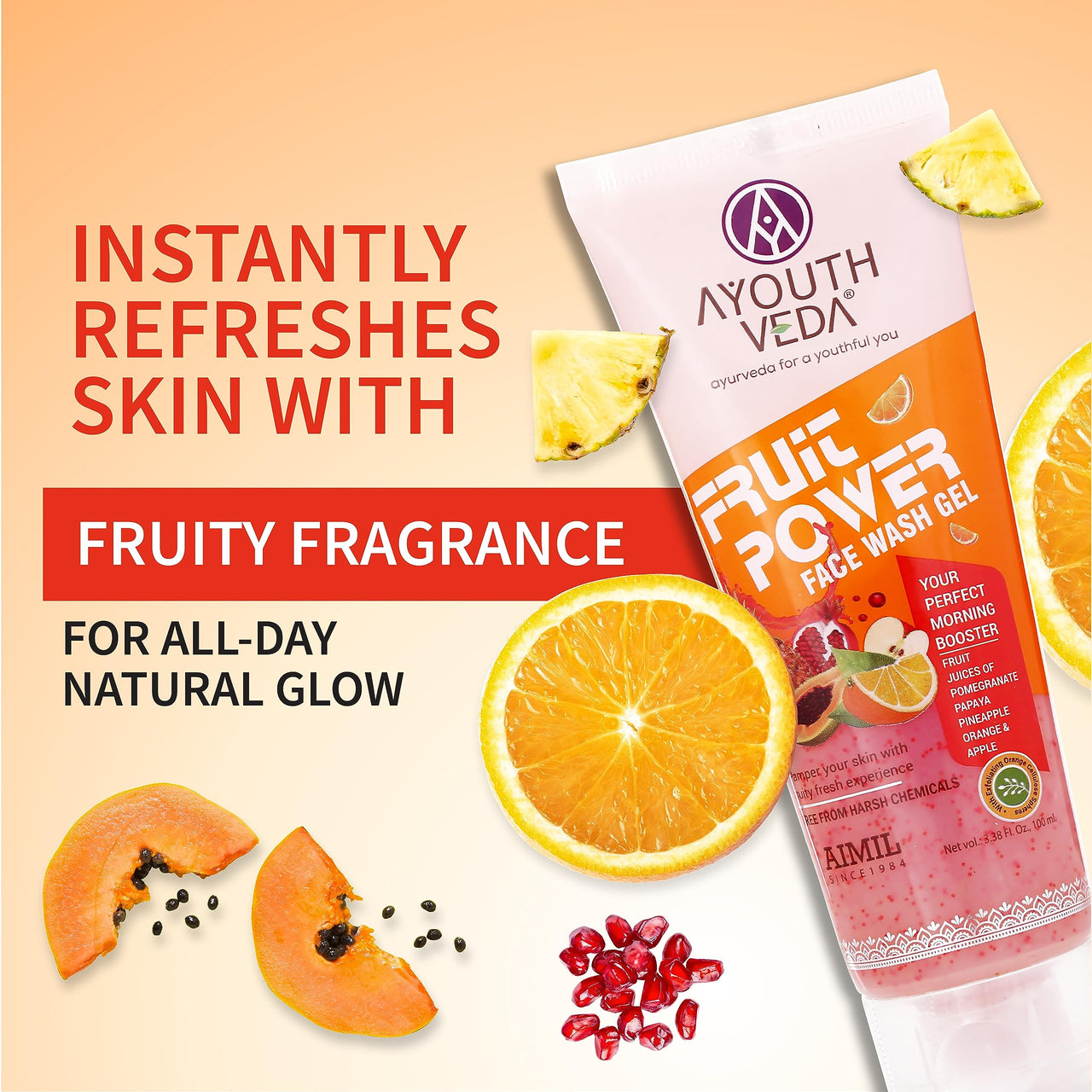 AYOUTHVEDA Fruit Power 100 Ml Face Wash Gel For Glowing Skin| Face Wash, Vitamin A, C & Anti-Oxidants | All Skin Types | Facial Cleanser For Daily Use (Pack 2; 100Ml Each)