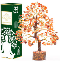 Carnelian Chakra Tree of Life - Crystal Tree for Positive Energy, Handmade Gemstone Tree - Feng Shui Decor, Good Luck Money Tree Bonsai - Orange Healing Crystals for Sacral Chakra, Prosperity Gift Carnelian (Golden Wire)