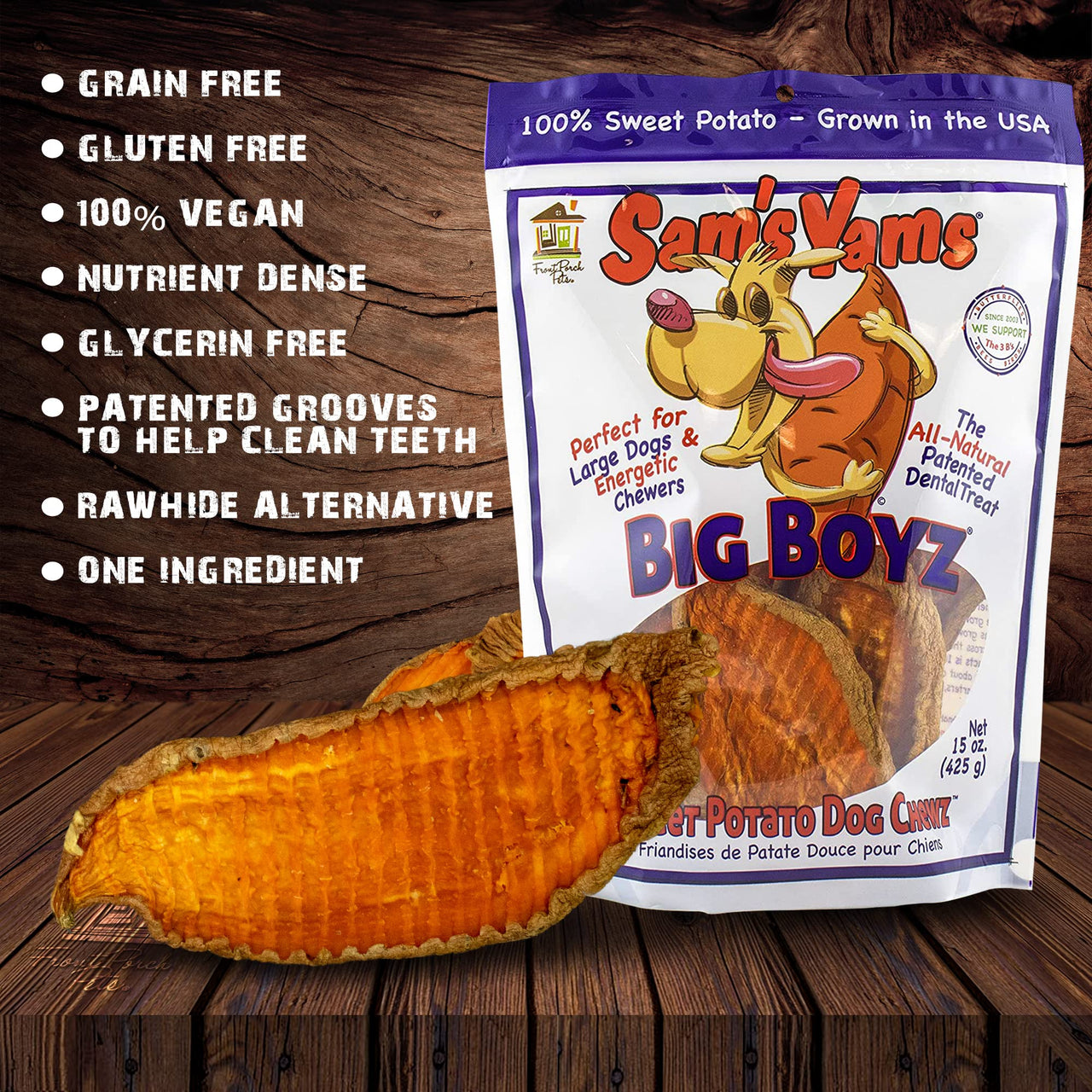 Sams Yams Sweet Potato Dog Treats, Healthy Dog Treats for Large Dogs - Sweet Potato Dog Treats Made in USA, High Fiber, Vegan Dental Chews - Big Boyz, Sweet Potato Dog Chewz, 15oz (Single Pack) 15 Ounce (Pack of 1)