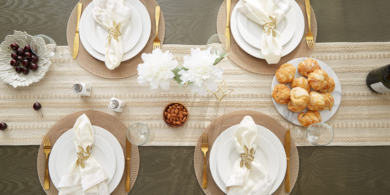 DII Farmhouse Braided Stripe Table Runner Collection, 15x108 (15x113, Fringe Included), Vintage Linen