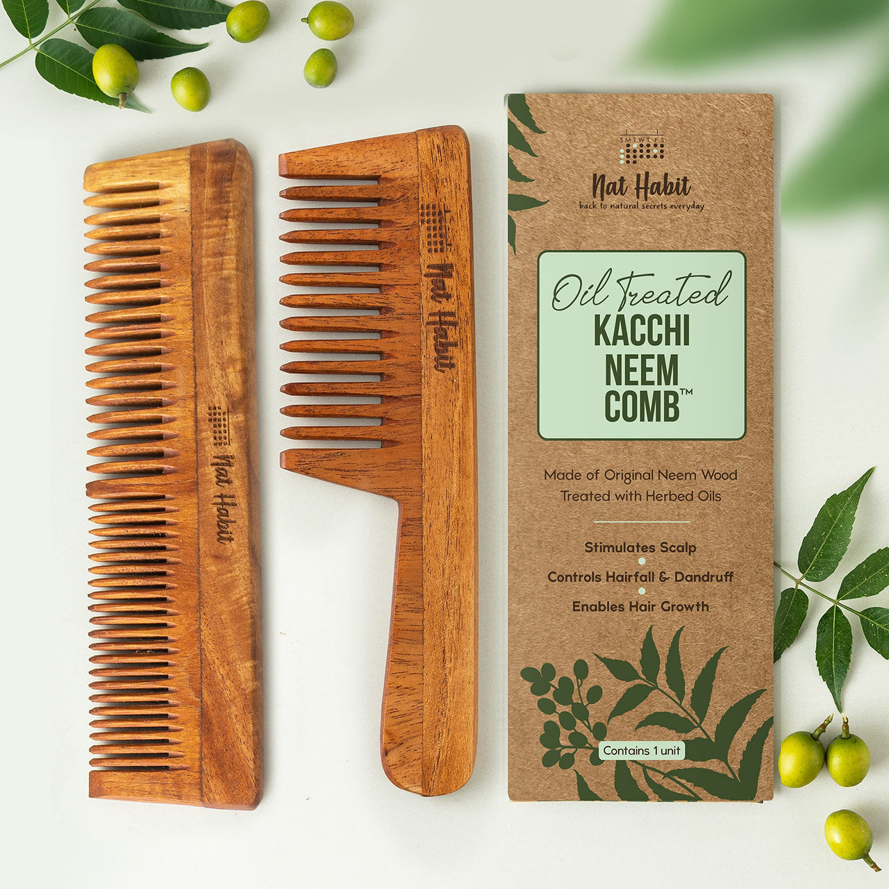 Nat Habit - Kacchi Neem Wooden Comb - Soaked In 17 Herbs, Neem & Sesame Oil For Multi-Actions - Detangling, Frizz Control & Shine (Dual Tooth & Wide Tooth) Combo Pack of 2