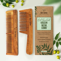 Nat Habit - Kacchi Neem Wooden Comb - Soaked In 17 Herbs, Neem & Sesame Oil For Multi-Actions - Detangling, Frizz Control & Shine (Dual Tooth & Wide Tooth) Combo Pack of 2