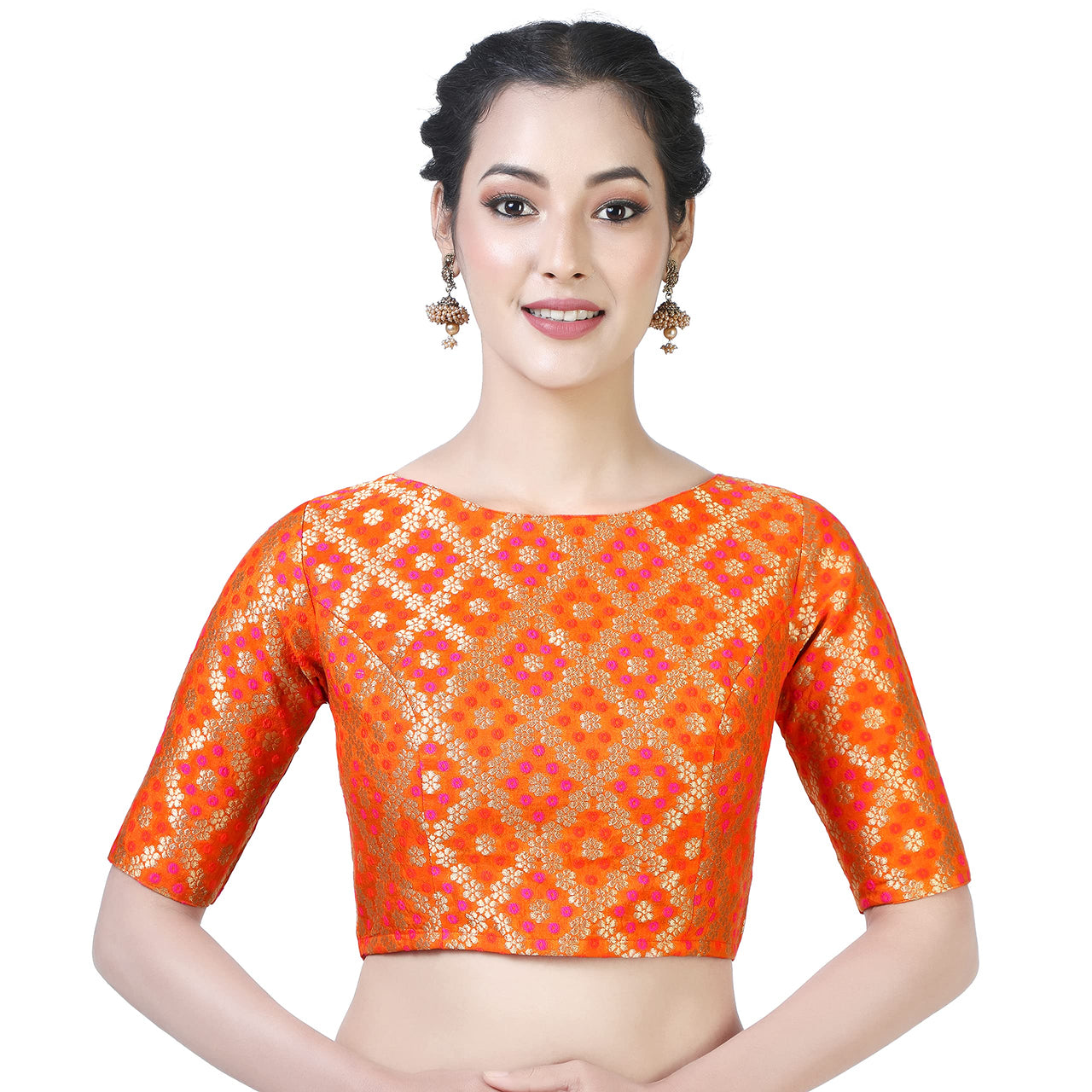 X3 Women's  Brocade Zari Weaving Elbow Length Sleeves Saree Blouse