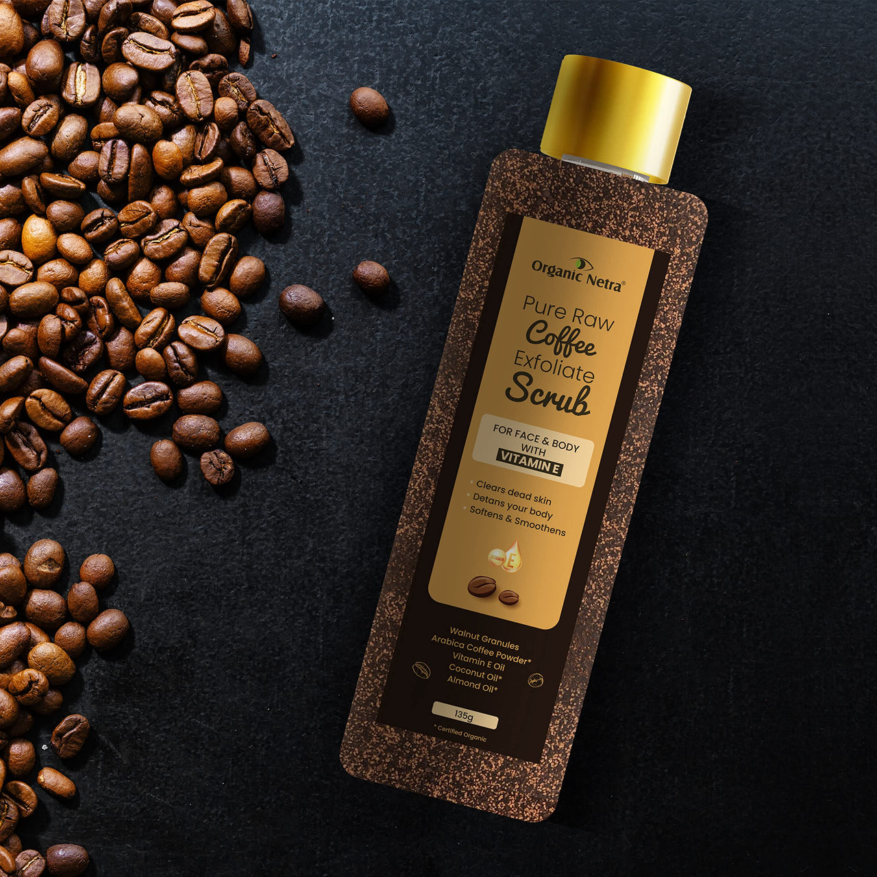 Organic Netra Pure Raw Coffee Exfoliate Scrub for Face and Body with Vitamin E | Deeply Hydrates and Moistures Skin | Enriched with Natural and Organic Ingredients|Paraben Free - 135gm (Pack of 1)