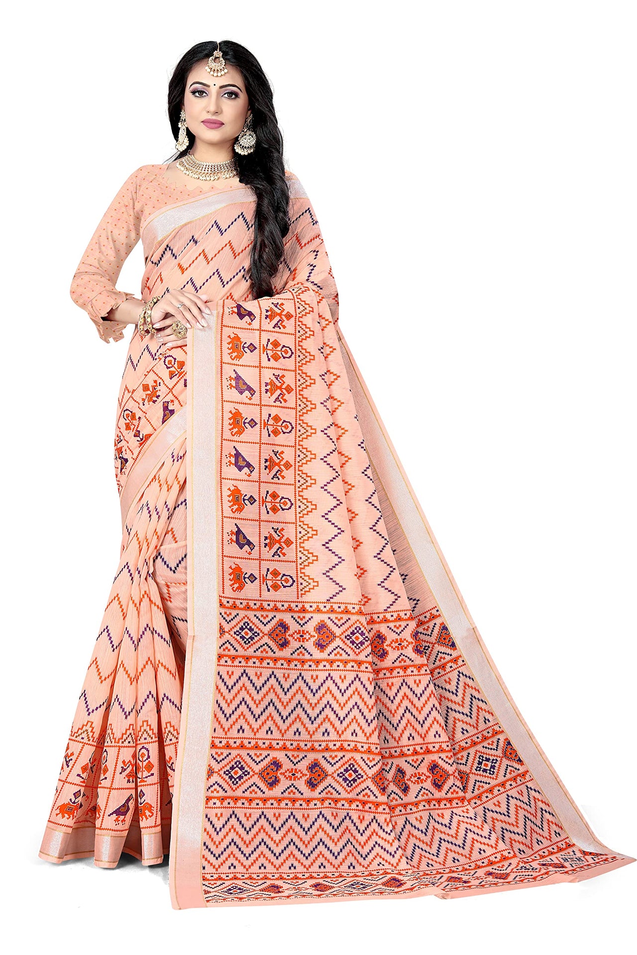 DHRUVI TRENDZ Women's  Cotton Silk Printed Banarasi Patola Silk Blend saree women with Blouse Piece (Orange)