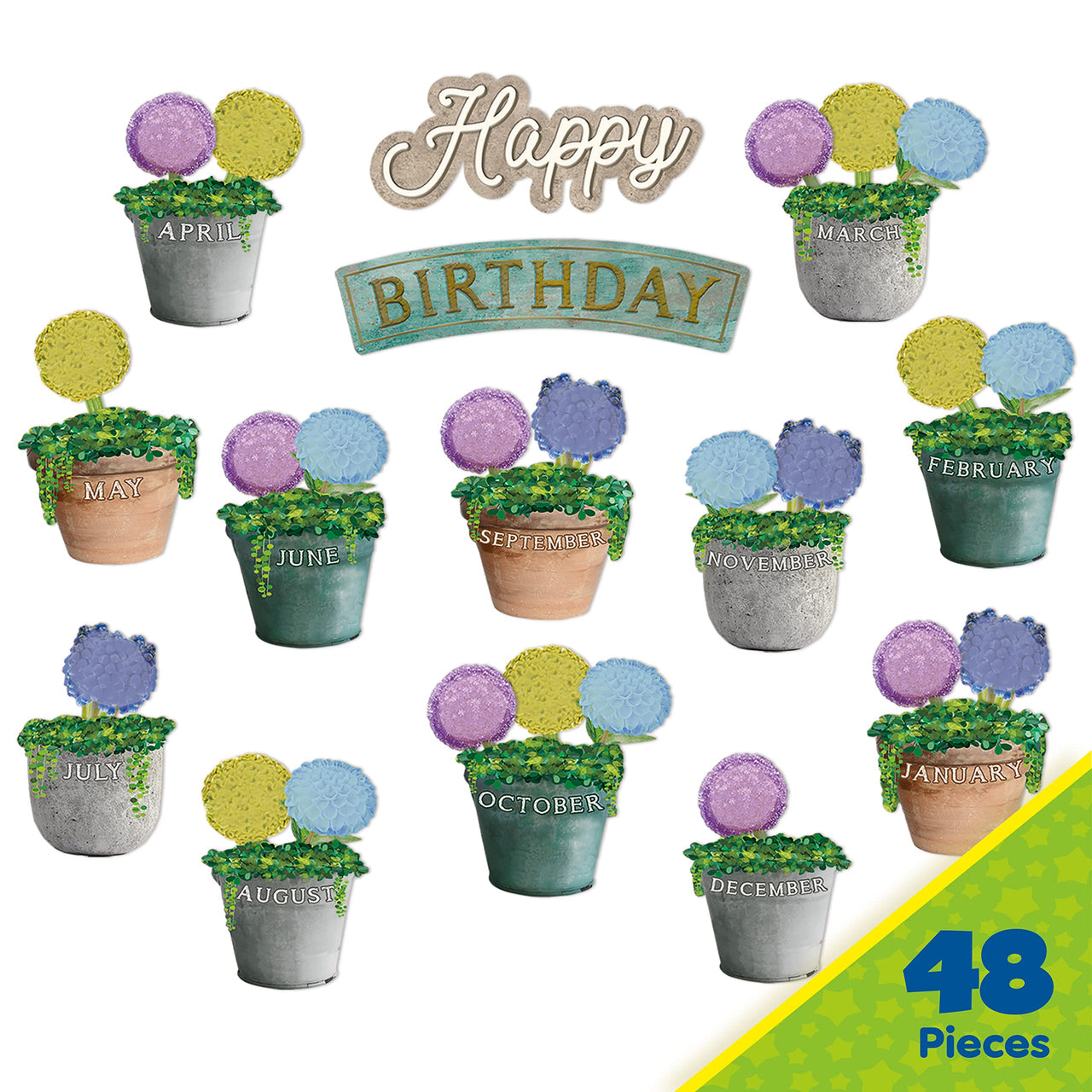 Eureka Curiosity Garden Mini Happy Birthday Bulletin Board Set for Teachers, 48 Pieces Garden Birthday