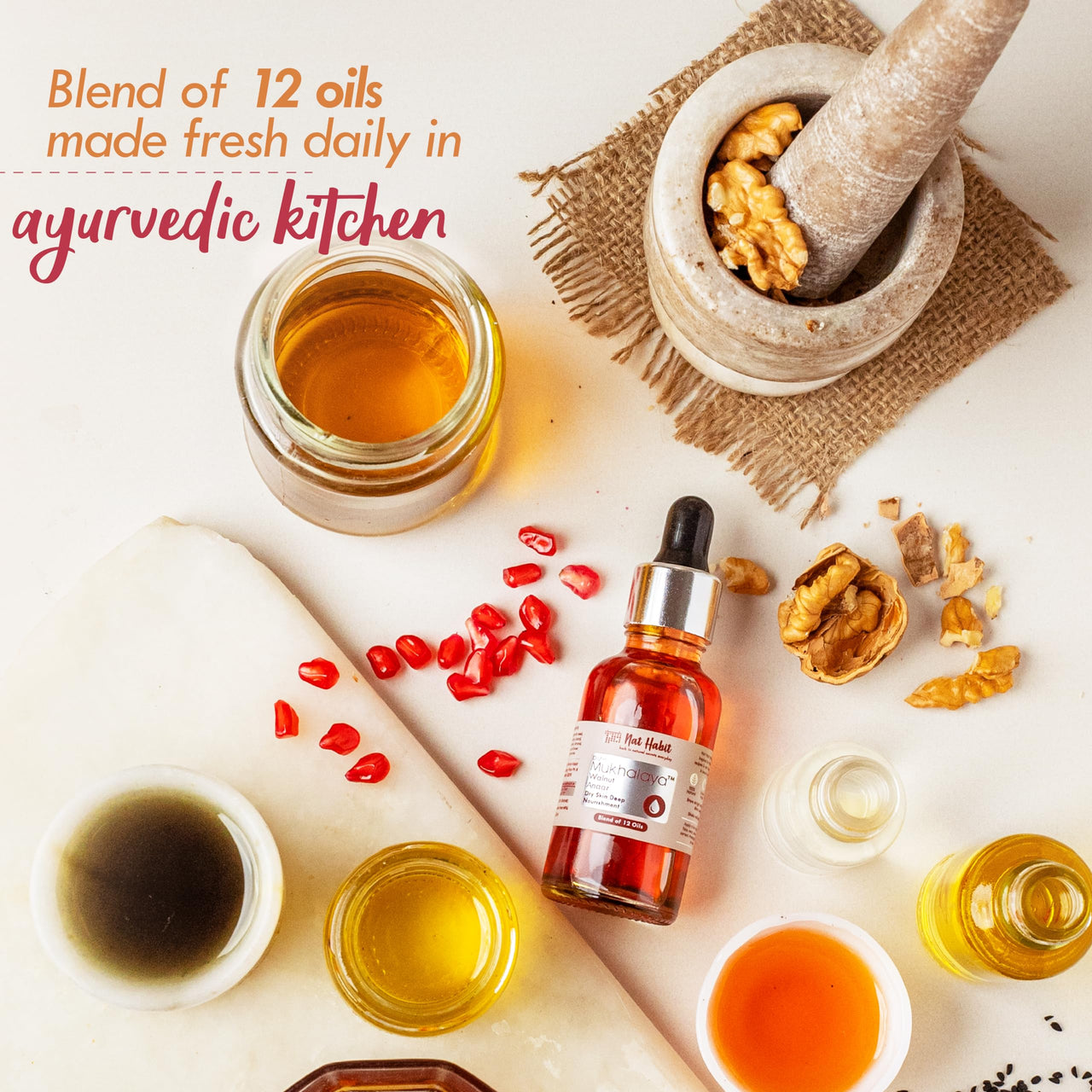 Nat Habit Walnut Anaar Mukhalaya, Face Oil For Women Dry Skin Deep Nourishment, with Blend of 12 Cold Pressed Oils For Dryness Reduction, 15ml