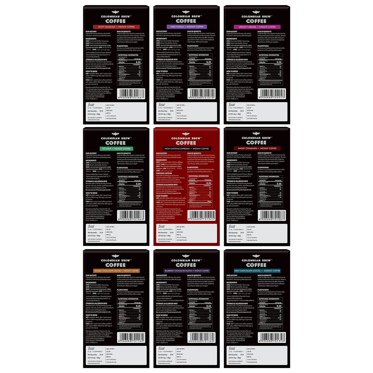 Colombian Brew Assorted, High Caffeine Espresso, Vanilla, Hazelnut, Caramel, Cinnamon, Double Chocolate, Blueberry, Mint Chocolate Mocha, Mint Instant Coffee Powder, 50g Each