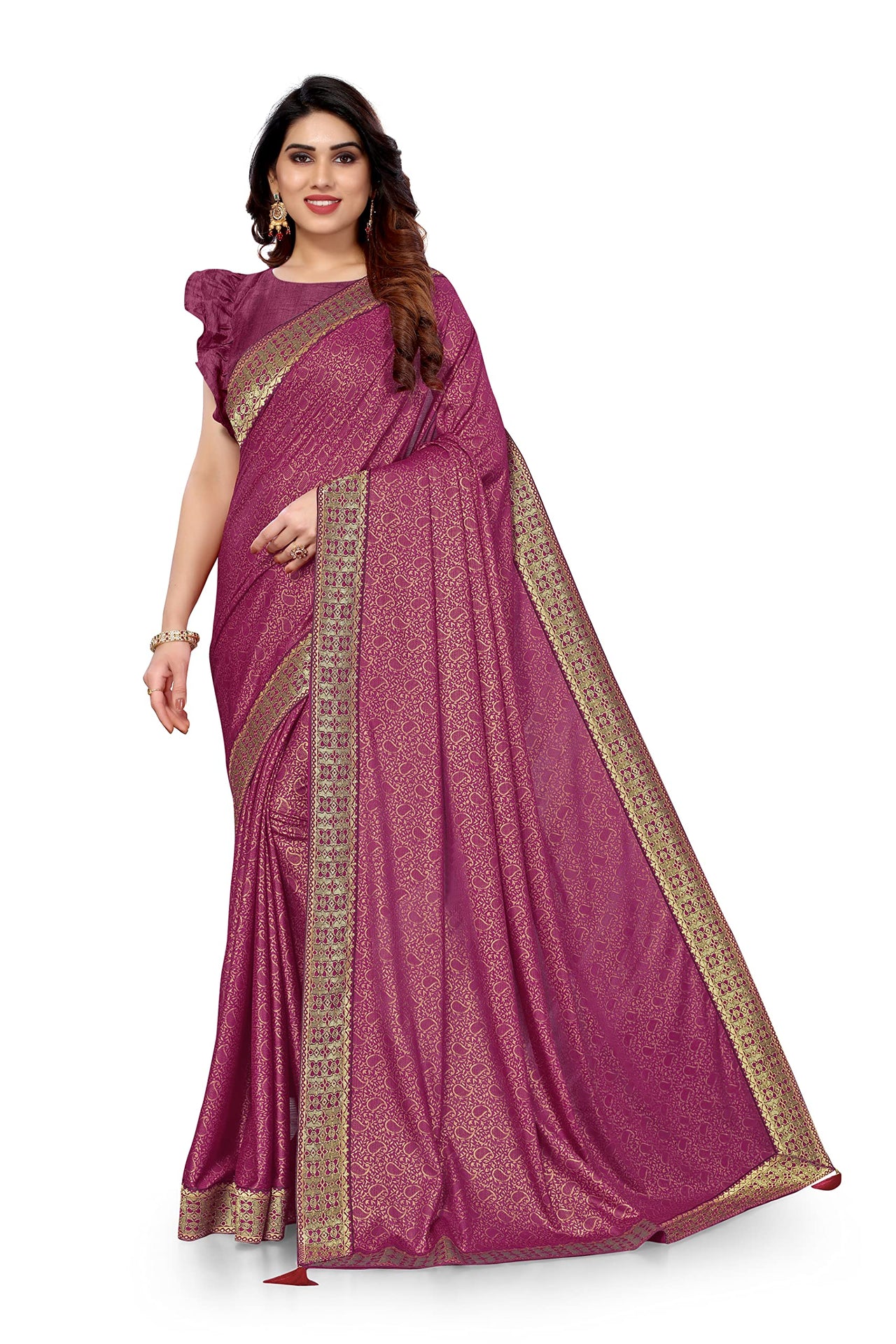 MIRCHI FASHION Women's  Stylish Lycra Foil Printed Design with Zari Woven Lace Work Saree with Blouse Piece