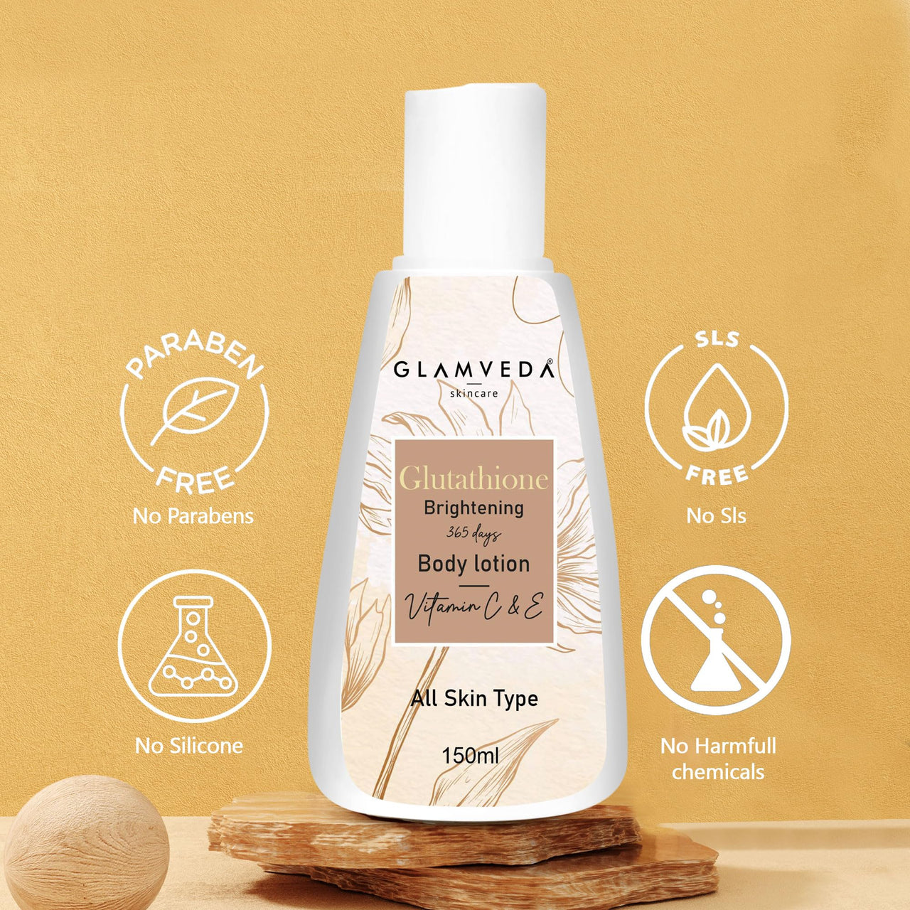 Glamveda Glutathione Body Lotion Reduces Dark spots, Skin brightening with Vitamin C For Skin fairness | All Skin types | 150 ml