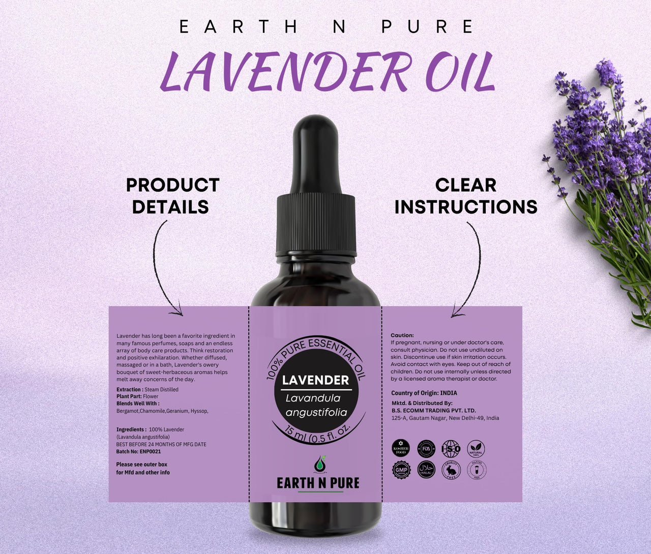 Earth N Pure Lavender Essential Oil Natural and Therapeutic Grade with Glass Dropper -15 ml