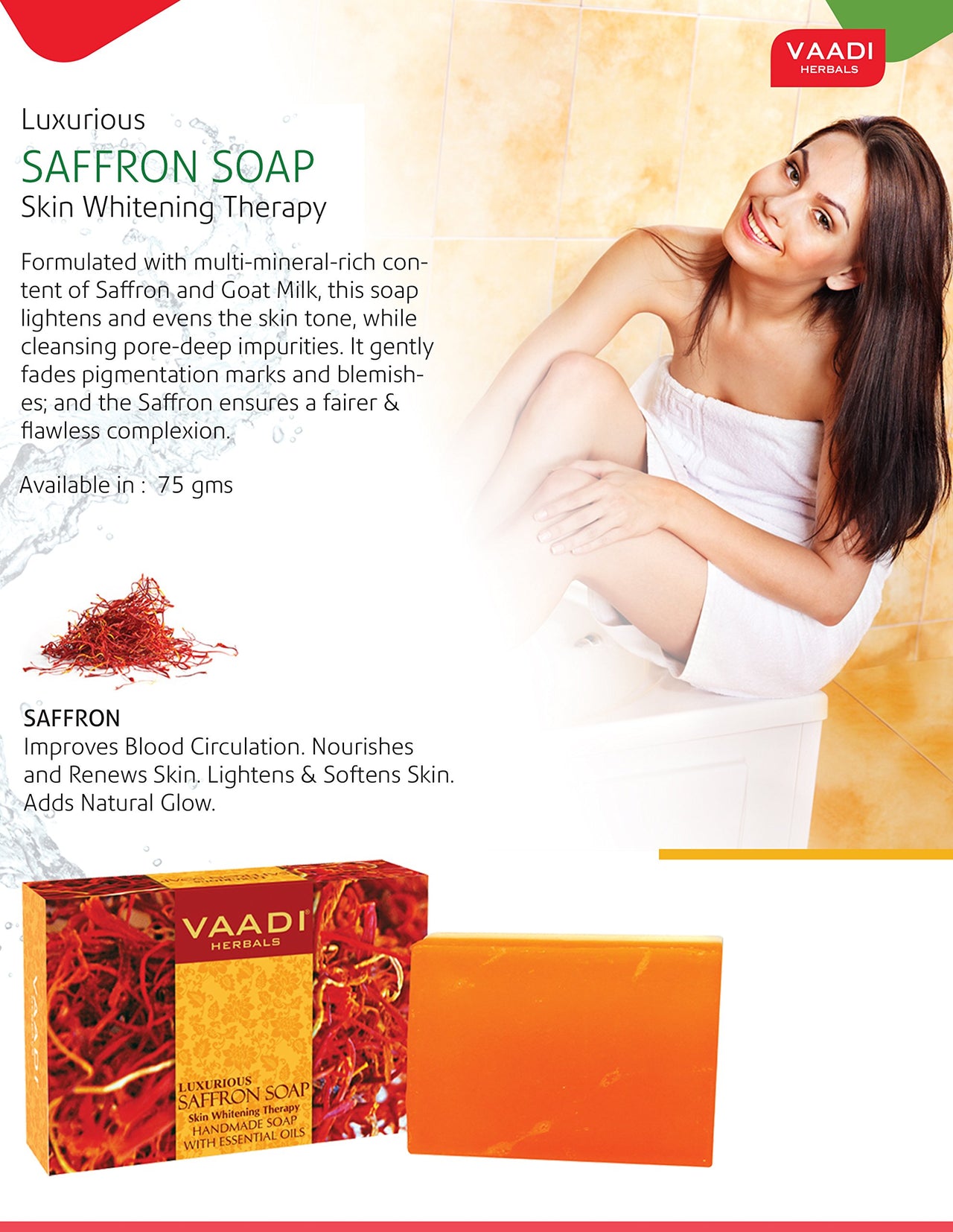 Vaadi Herbals Super Value Luxurious Saffron Skin Whitening Therapy Soap, 75g (Pack Of 6)
