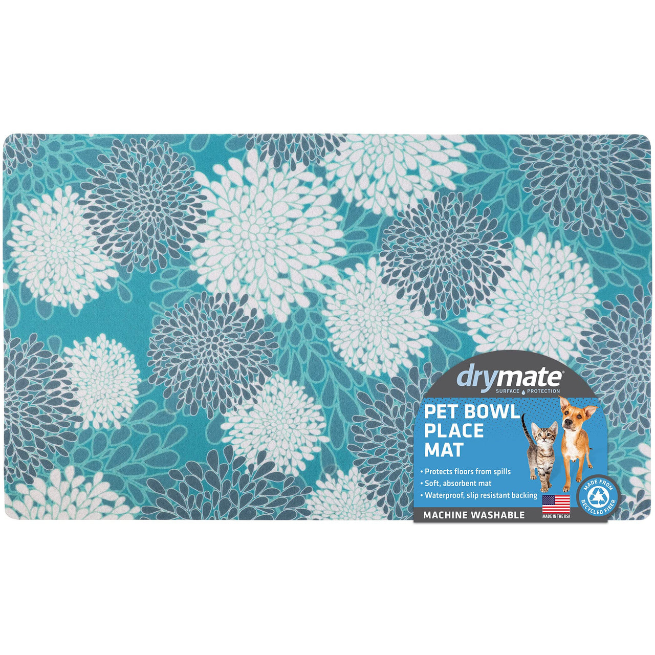 Drymate Pet Bowl Placemat, Dog & Cat Food Feeding Mat - Absorbent Fabric, Waterproof Backing, Slip-Resistant - Machine Washable/Durable (USA Made) (12” x 20”) (Indian Summer Turquoise & White 8) Small (12" x 20") Indian Summer Turquoise & White 8