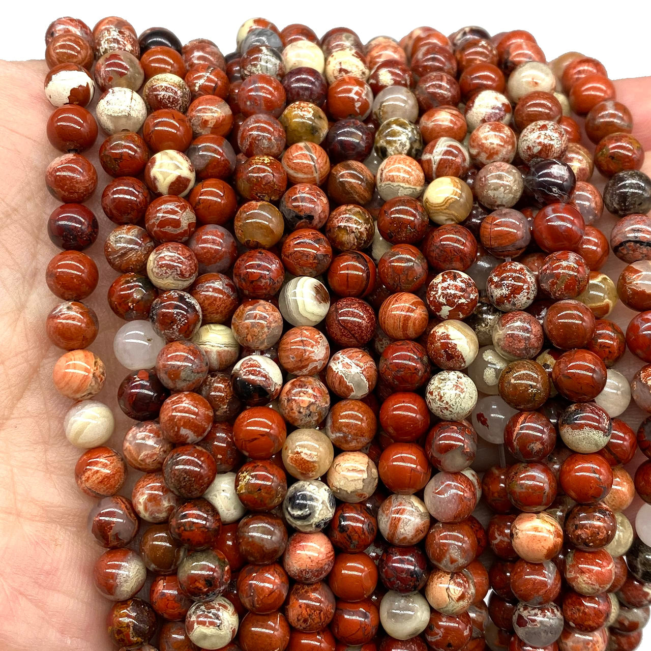 ABCGEMS Morgan-Hill California White-Lace Poppy Jasper Beads (Gorgeous Crystal Quartz Inclusion) Healing Crystal Stone Ideal for Bracelet Necklace Ring DIY Jewelry Making Men Women Smooth Round 8mm White-Lace Poppy Jasper (From USA)