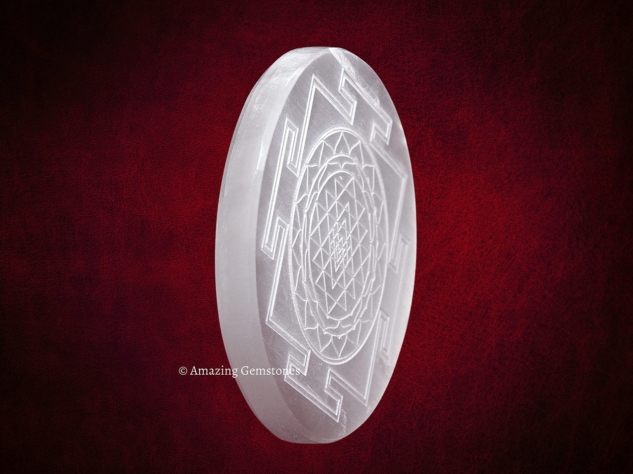 Selenite Crystal Charging Plate For Crystals And Healing Stones, 4.5" Selenite Crystal Plate Engraved Sri Yantra Coaster For Home Office Table Decor (Selenite Round Disc)