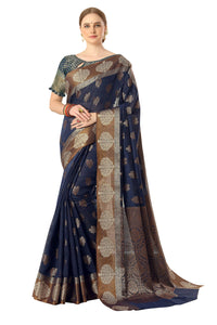 Jaam Silk Fashion Women's  kanjivaram Woven Pattu Silk Blend Saree with Blouse Piece
