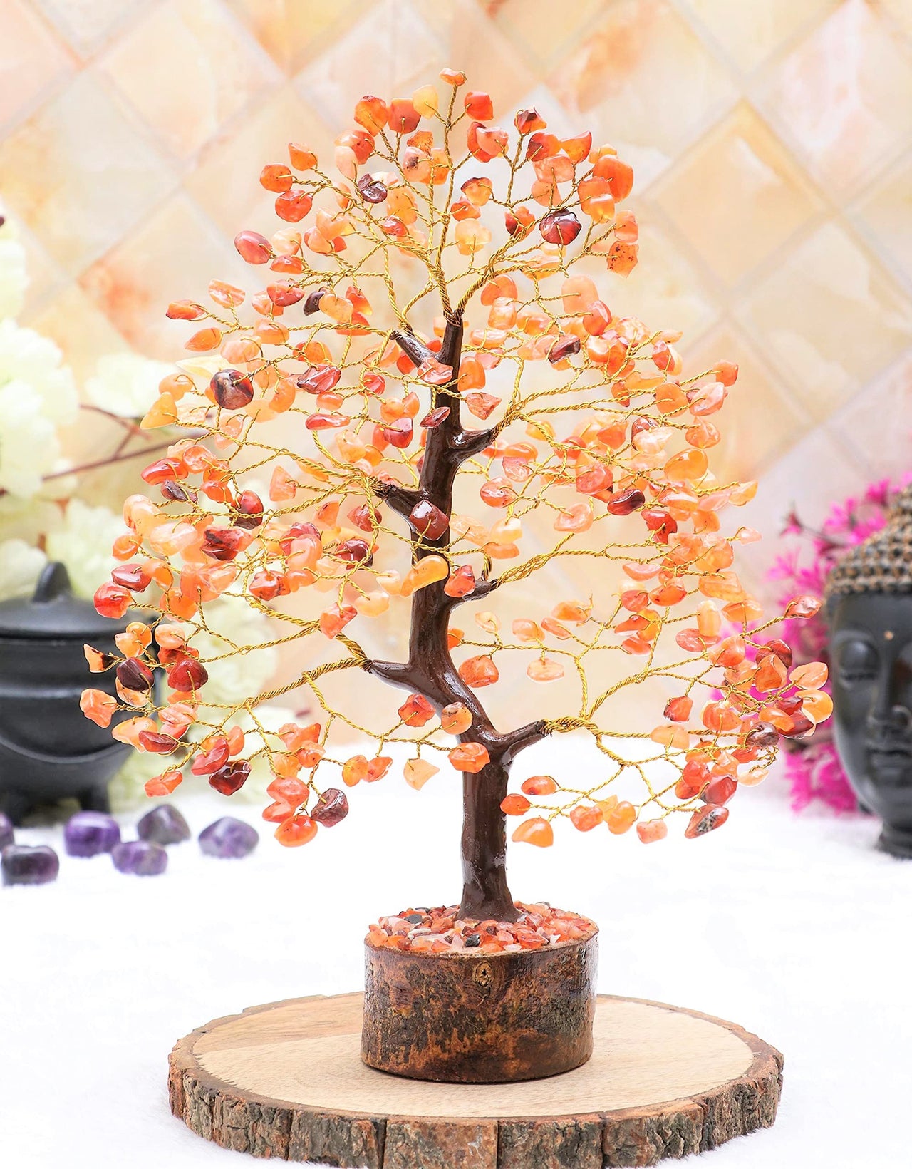 Carnelian Chakra Tree of Life - Crystal Tree for Positive Energy, Handmade Gemstone Tree - Feng Shui Decor, Good Luck Money Tree Bonsai - Orange Healing Crystals for Sacral Chakra, Prosperity Gift Carnelian (Golden Wire)