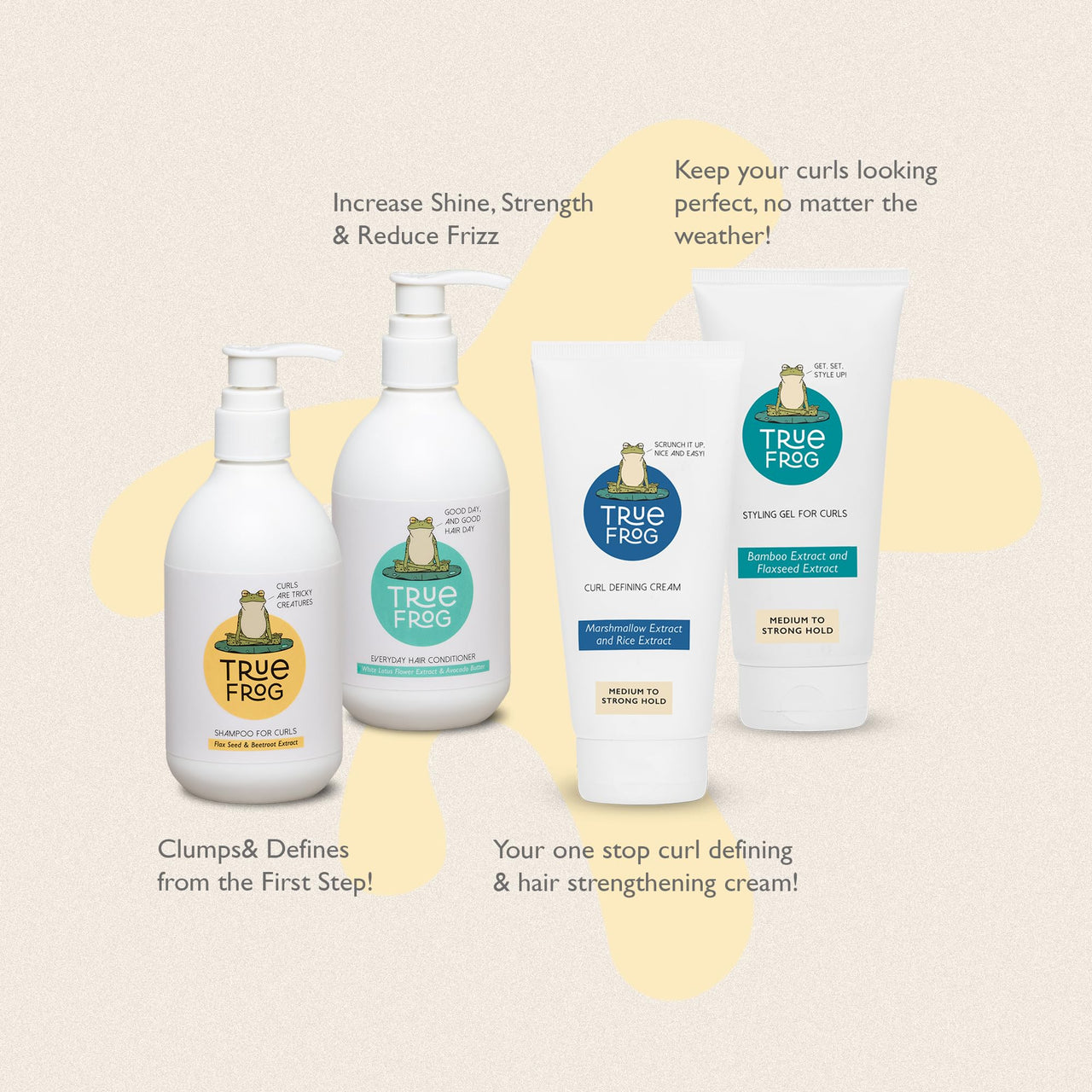 True Frog’s Ultra Defined Curls Bundle With Shampoo For Curls - 250 ml, Everyday Hair Conditioner - 250 ml, Curl Defining Cream - 150ml & Styling Gel for Curls - 150 ml - (Combo Pack of 4)