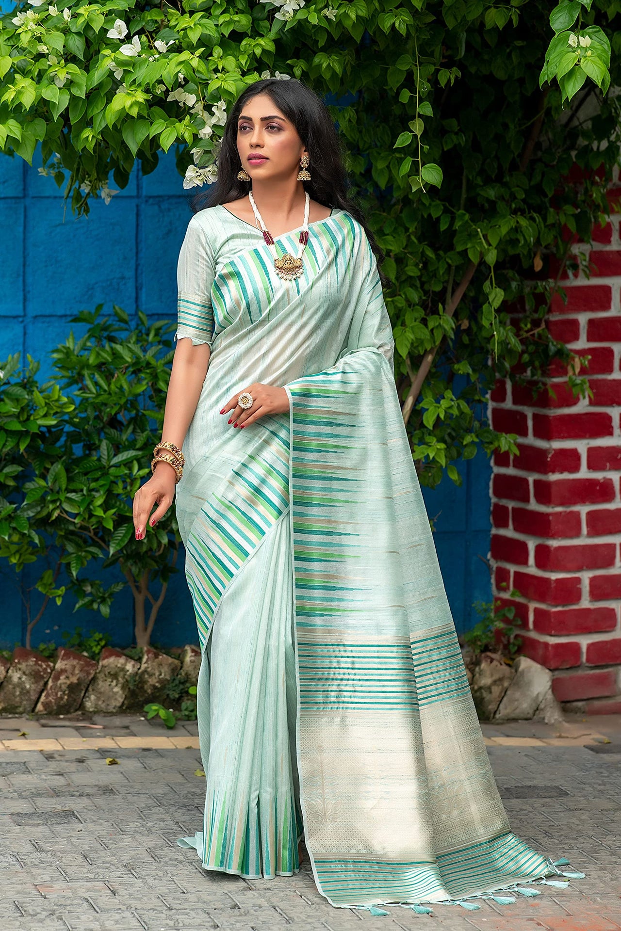 NK Textiles Women's  Ikat Woven Tussar Silk Saree with Tassels