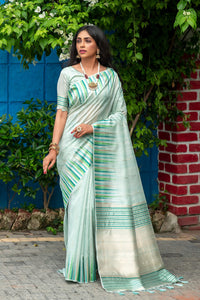 NK Textiles Women's  Ikat Woven Tussar Silk Saree with Tassels