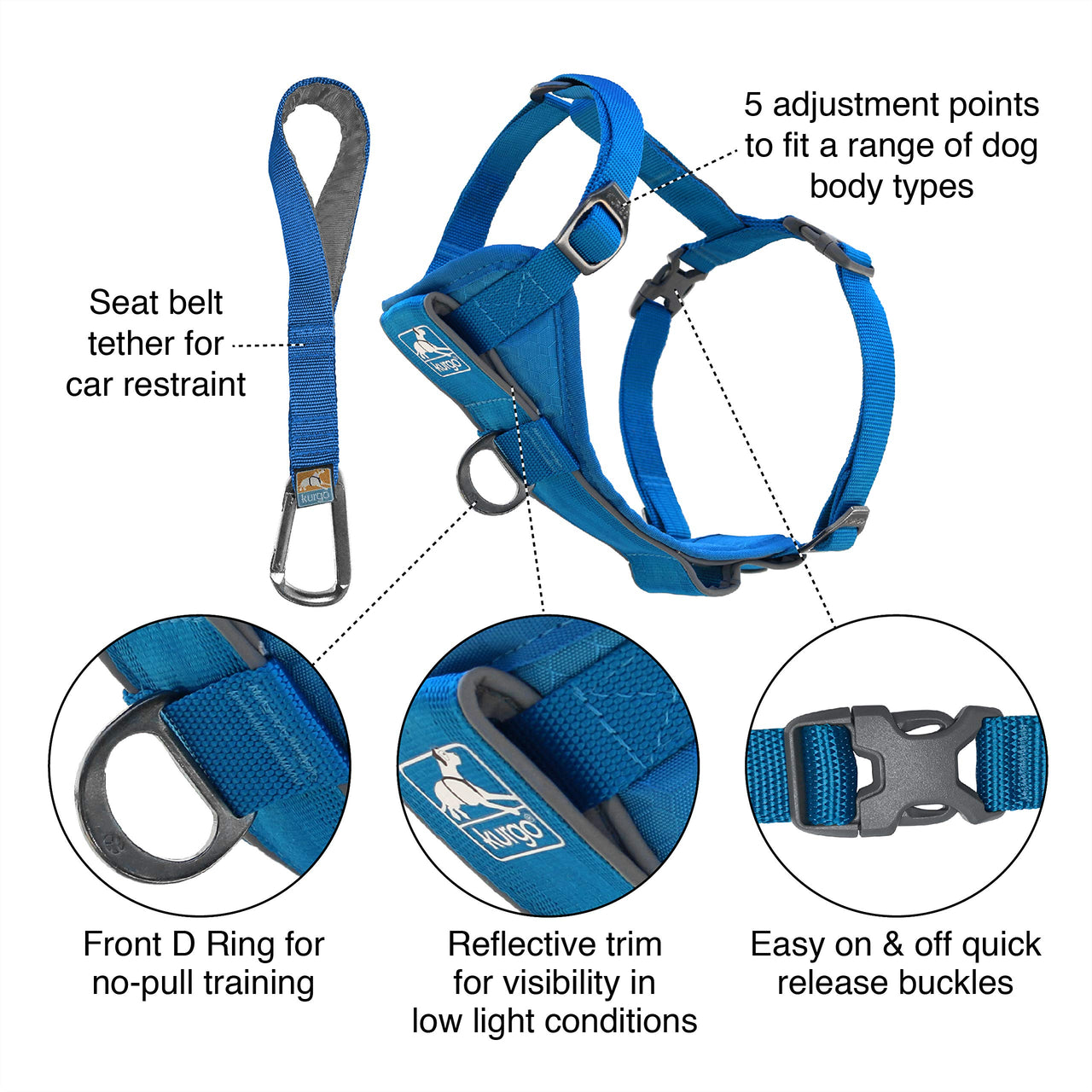 Kurgo Tru-Fit Smart Harness, Dog Harness, Pet Walking Harness, Quick Release Buckles, Front D-Ring for No-Pull Training, Includes Dog Seat Belt Tether (Blue, Medium) Blue
