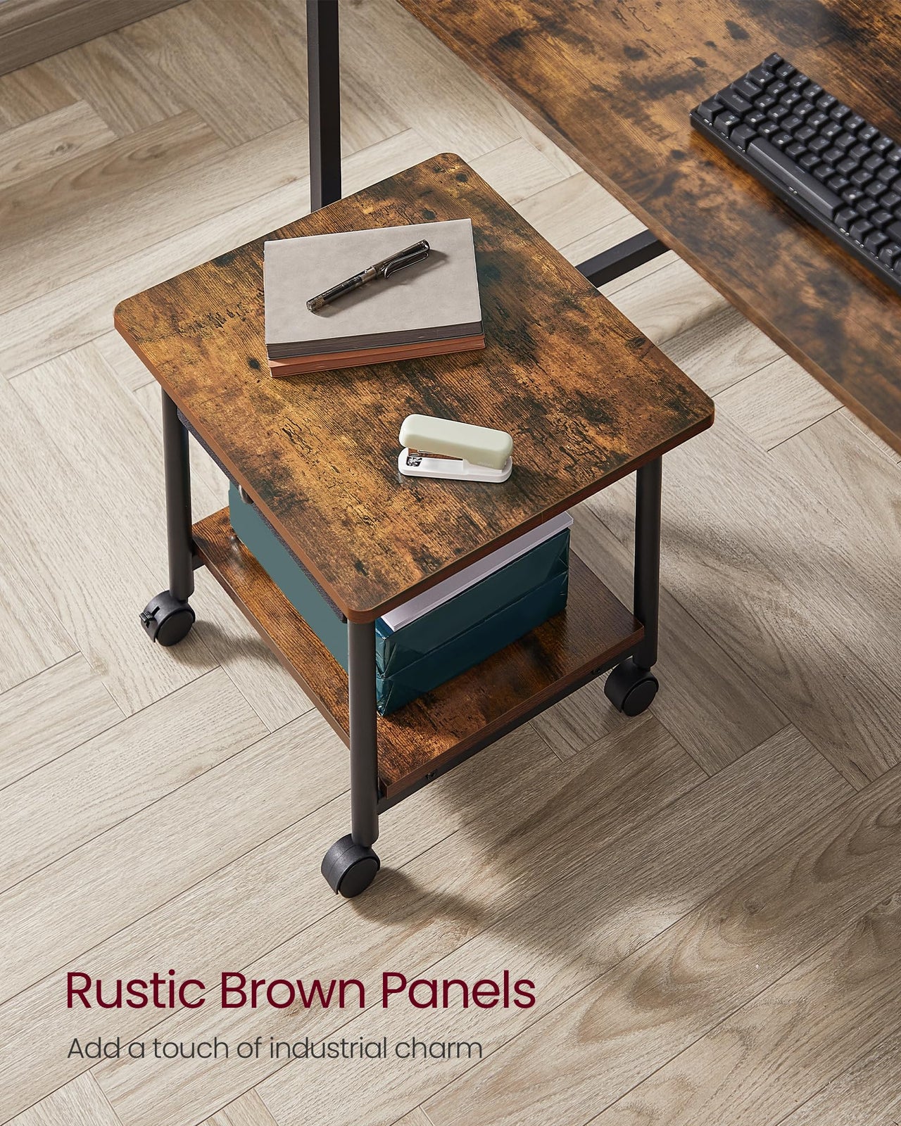 VASAGLE Printer Stand, Under Desk Printer Stand with Wheels, Drawer with Divider, Bottom Shelf, Fits Inkjet, Laser, Photo, All-in-One Printers, Home Office, Rustic Brown and Ink Black UOPS004B01 2-Tier with Drawer