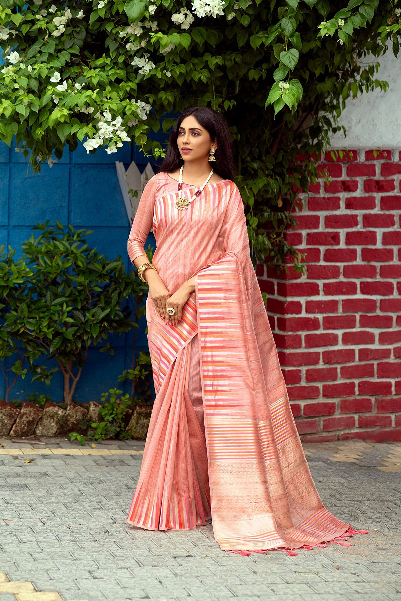 NK Textiles Women's  Ikat Woven Tussar Silk Saree with Tassels