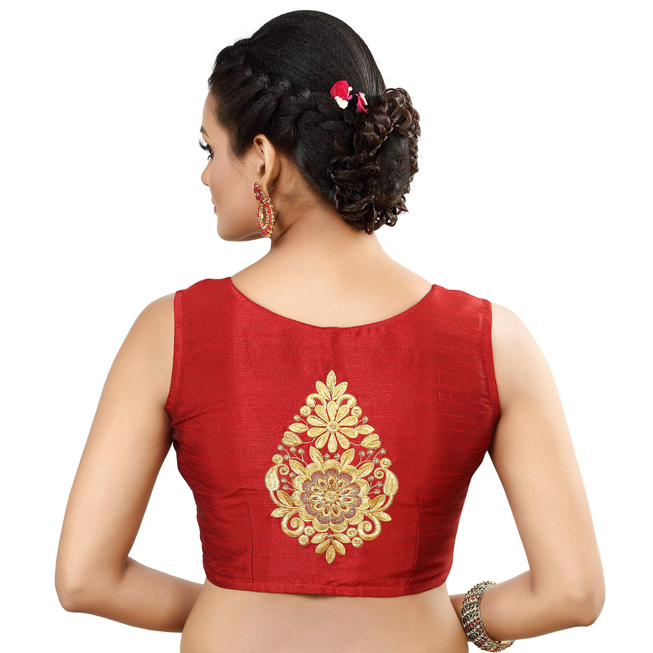 Madhu Fashion Womens Poly Raw Silk Embroidered Sleeveless Readymade Saree