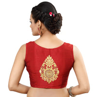 Madhu Fashion Womens Poly Raw Silk Embroidered Sleeveless Readymade Saree