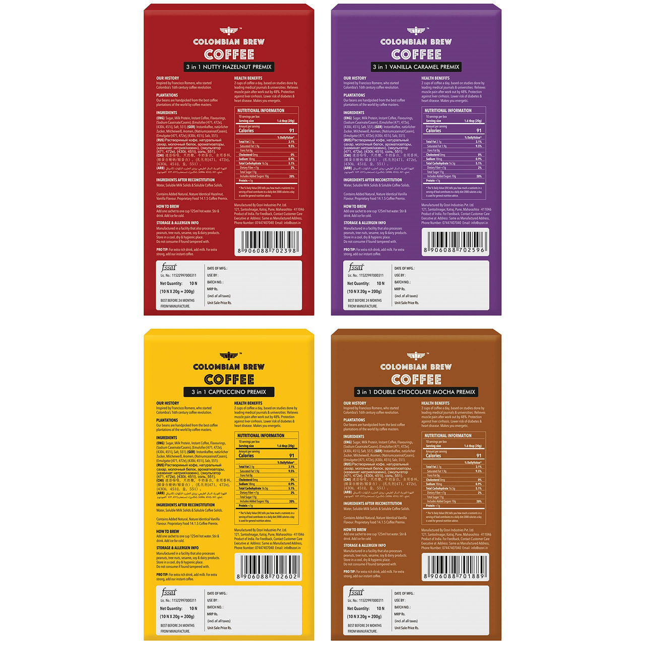 Colombian Brew 3 in 1 Assorted Instant Coffee Premix Café Latte, Cappuccino, Hazelnut, Vanilla Caramel, Double Choco Mocha, 10 Sachets Box Buy 3 Get 1 Free