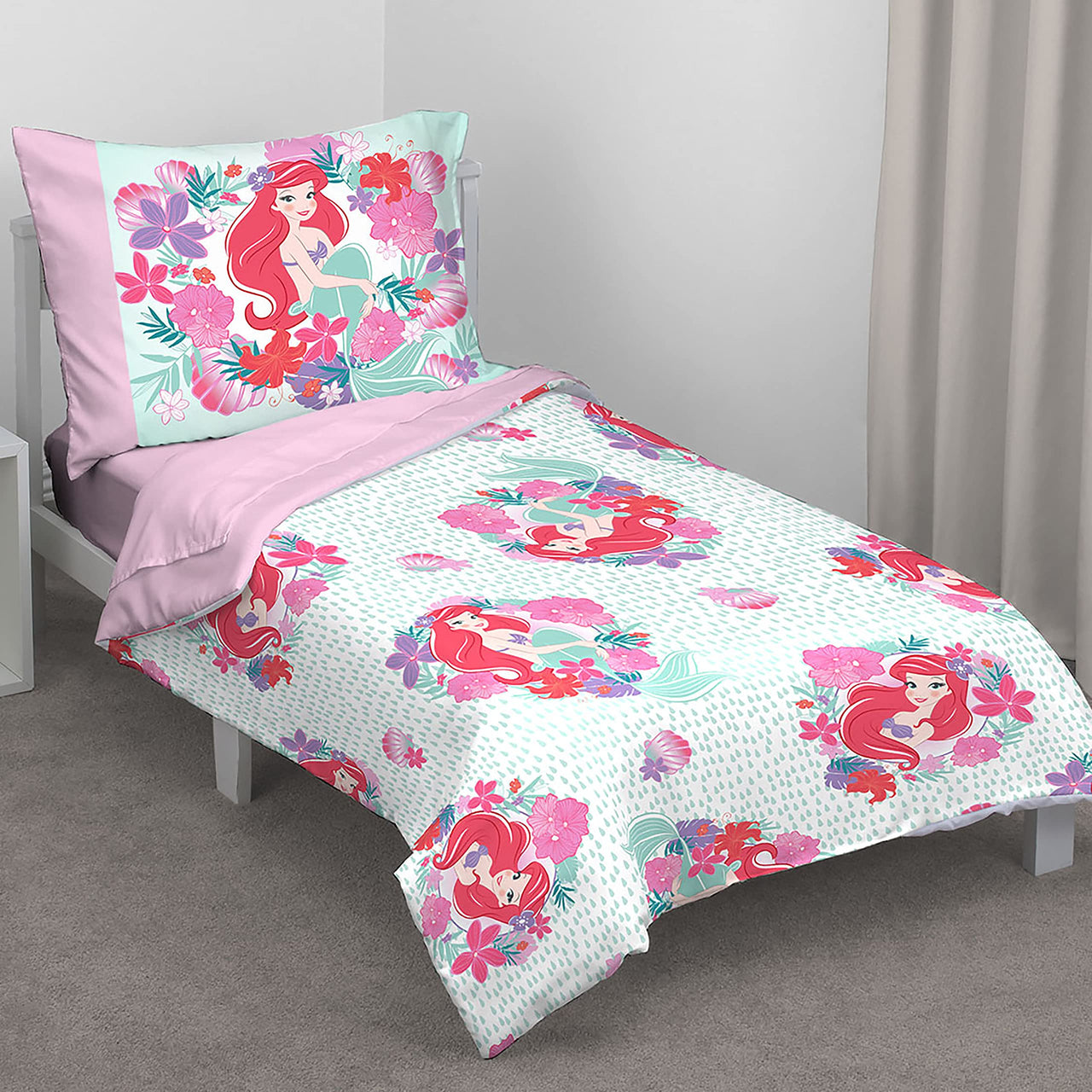 Disney Ariel Sea Garden 4 Piece Toddler Bed Set - Comforter, Fitted Sheet, Flat Top Sheet, Reversible Standard Size Pillowcase, Pink and Aqua Disney Ariel