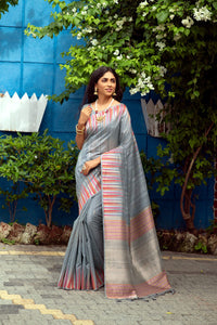 NK Textiles Women's  Ikat Woven Tussar Silk Saree with Tassels