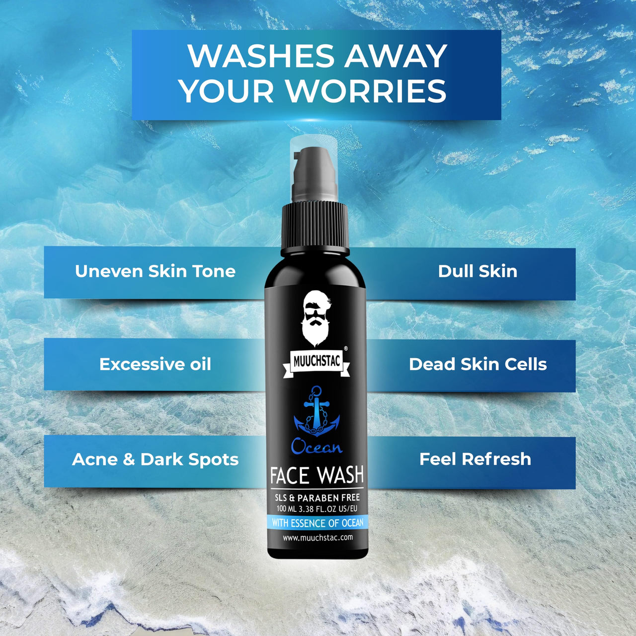Muuchstac Ocean Face Wash for Men | Fight Acne & Pimples, Brighten Skin, Clears Dirt, Oil Control, Refreshing Feel - Multi-Action Formula (3x100 ml)
