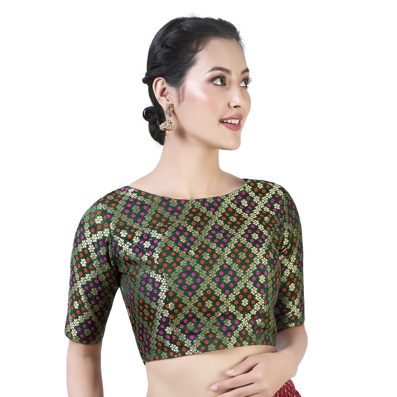 X3 Women's  Brocade Zari Weaving Elbow Length Sleeves Saree Blouse