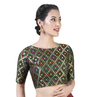 X3 Women's  Brocade Zari Weaving Elbow Length Sleeves Saree Blouse
