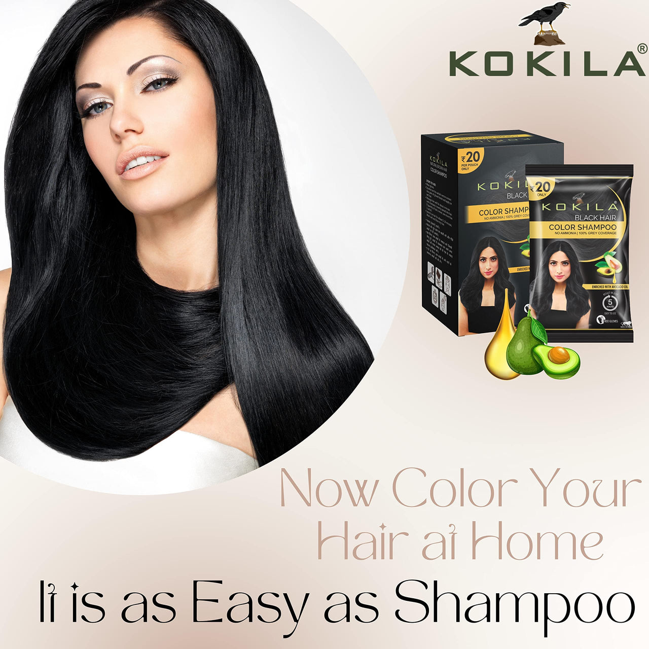 Kokila Unisex Hair Color Shampoo Enriched With Almond Oil in Just 5 Minute, Long-Lasting Instant Hair Color Black Pack of 15 (15ML Each)