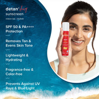 Aqualogica Detan+ Dewy Lightweight Sunscreen Gel with SPF 50+ & PA++++ | For UVA/B & Blue Light Protection | For Normal, Sensitive & Dry Skin | Tan Removal & No White Cast | For Men & Women | 50 g