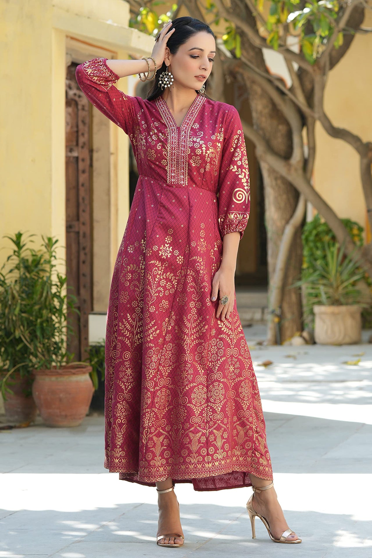 Juniper Maroon Rayon Printed Jacket Style Kurta Pant Set