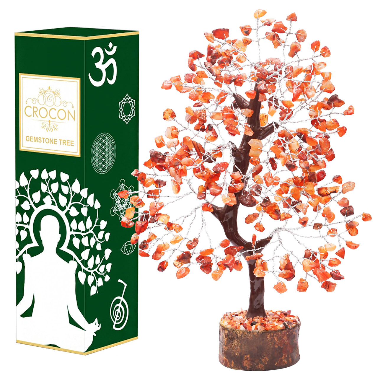 Carnelian Chakra Tree of Life - Crystal Tree for Positive Energy, Handmade Gemstone Tree - Feng Shui Decor, Good Luck Money Tree Bonsai - Orange Healing Crystals for Sacral Chakra, Prosperity Gift Carnelian (Silver Wire)