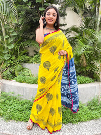 Shivanya Handicrafts Cotton Mulmul Saree for Women Attached Pom Pom Lace Red & Black 1