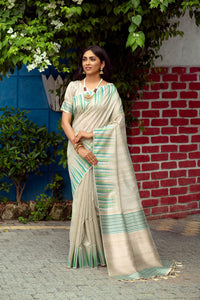 NK Textiles Women's  Ikat Woven Tussar Silk Saree with Tassels