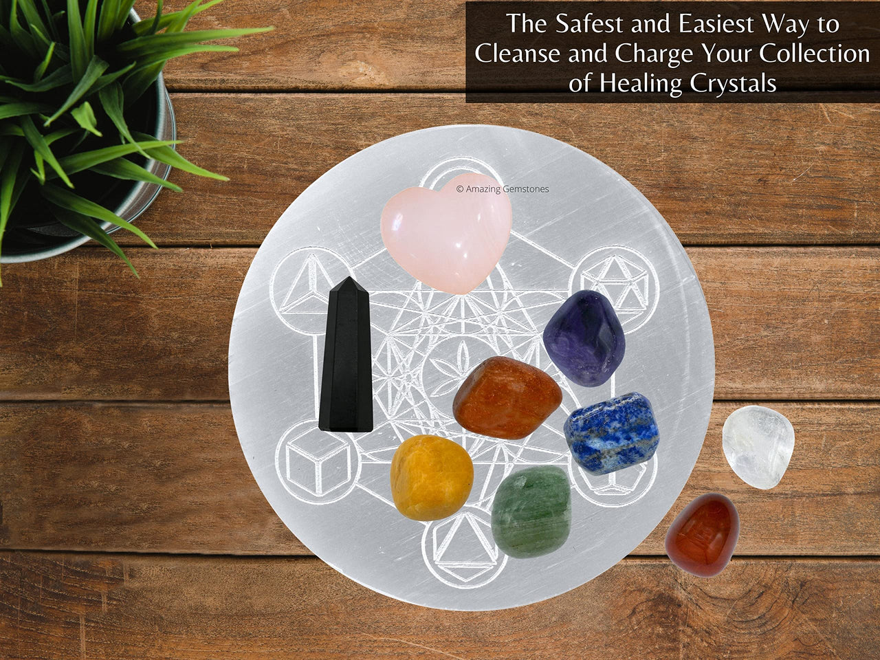 Selenite Crystal Charging Plate For Crystals And Healing Stones, 4.5" Selenite Crystal Plate Engraved Platonic Metatron Cube Coaster For Home Office Table Decor (Selenite Round Disc) Metatron (Platonic Solid)