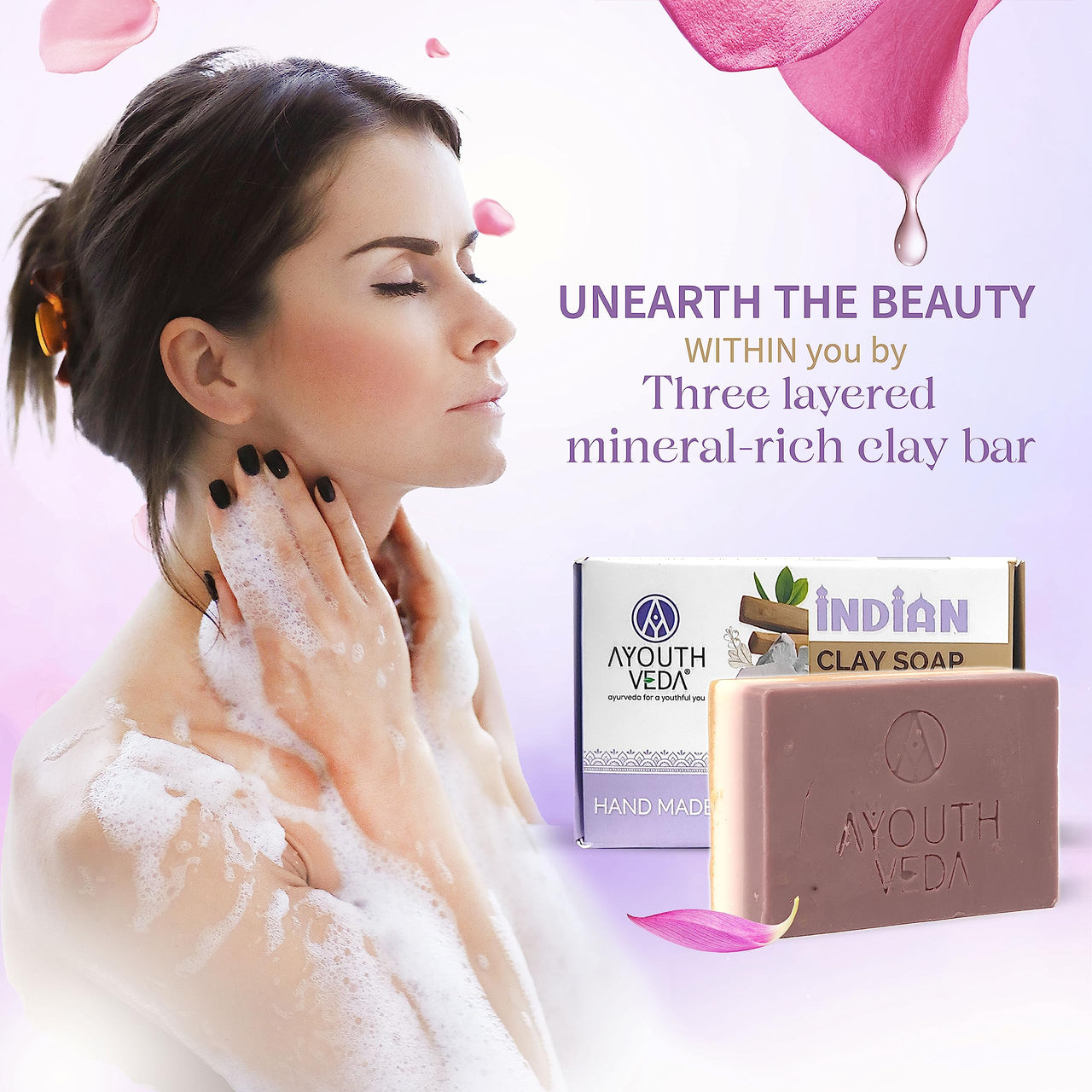 Ayouthveda Handmade Indian Clay Soap | Nourishes Protects & Hydrates Skin | A Three Layered Mineral Rich Clay Bar| Daily use Bar for Both Men & Women (Pack Of 2-110g each)