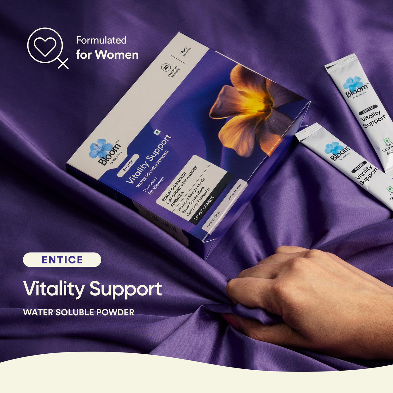 Bloom Vitality Support Water Soluble Powder | 20 Easy Pour Sticks (Pack of 1) | Unique Blend of Fenugreek Extract + L-Arginine | Stress Relief & Relaxation